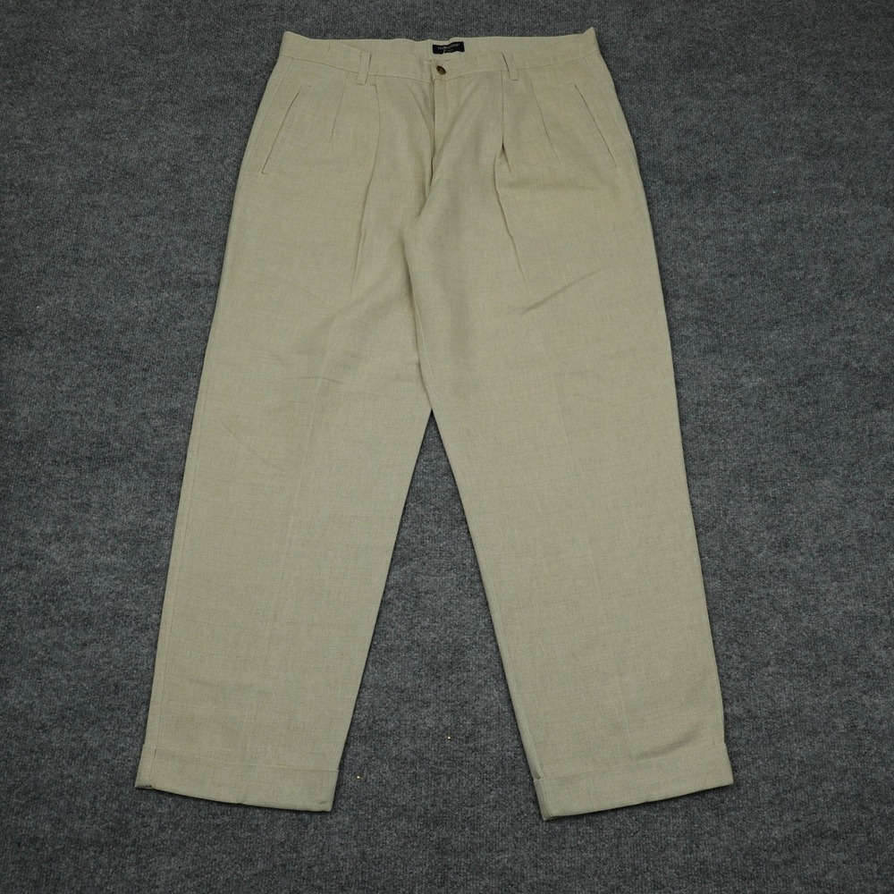 Vintage Dockers Pants Men 38 Beige Pleated Linen Blend Relaxed Fit Khakis